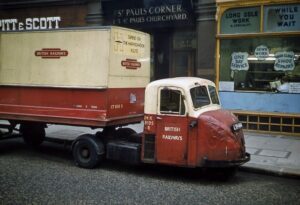 Red and cream truck. Writing on side reads 'British Railways'