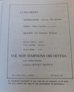 Programme for performance by The New Symphony Orchestra at the Leisure Centre Crawley