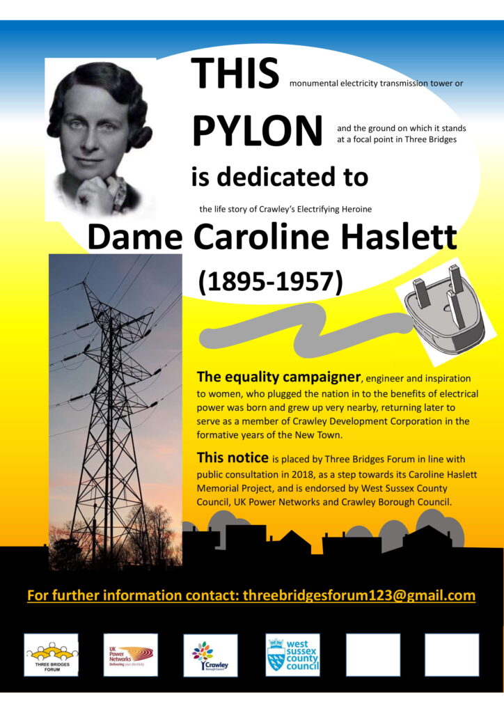 Poster for Caroline Haslett designed by Three Bridges Forum. 