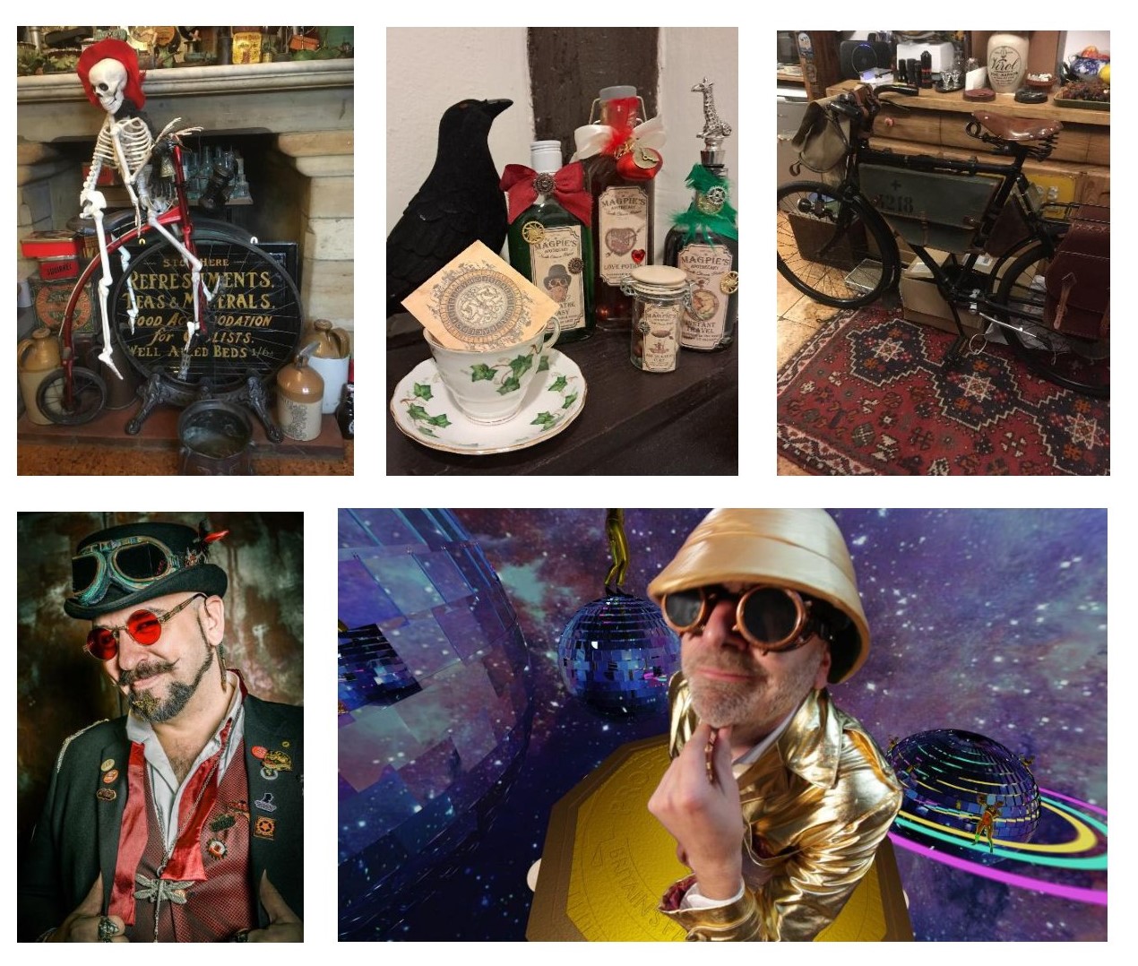 5 pictures, top left skeleton sitting on a bike, top middle crow, tea cup and potion bottles, top right bike wooden furniture and red carpet in the background. Bottom left man in bowler hat with glasses on, he is wearing glasses with red lenses. Bottom right man in gold jacket and domed hat, looking at the camera. 